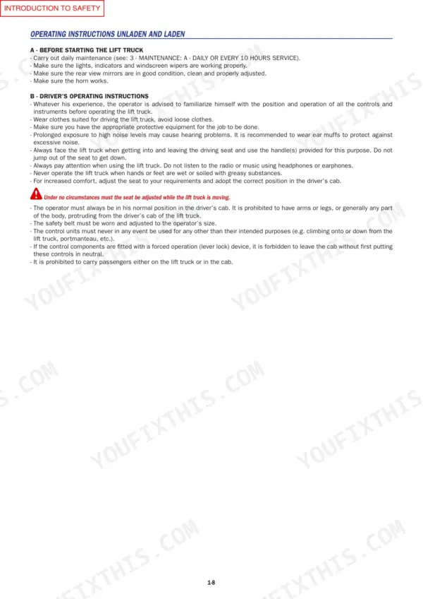 Manitou MLT523 Evolution, MT620, C-E3 safety manual page detailing operating instructions, driver safety, and cab procedures.