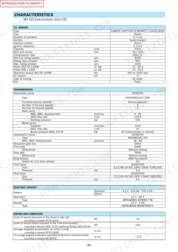 Manitou MLT523 Evolution, MT620, C-E3 technical specifications table for engine, transmission, electrics, and sound levels.