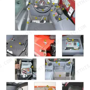 Manitou MLT625-75 H instruments and controls diagram showing cab interior, seat, fuse box, and beacon light.
