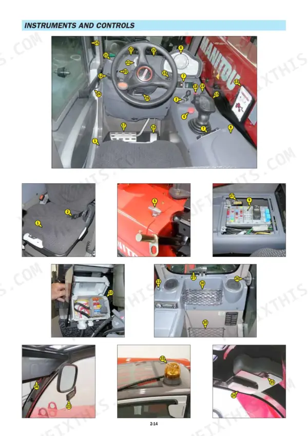 manitou-mlt625-75-h-rough-terrain-forklift-truck-operator-manual-51900001-controls-64.webp Manitou MLT625-75 H instruments and controls diagram showing cab interior, seat, fuse box, and beacon light.