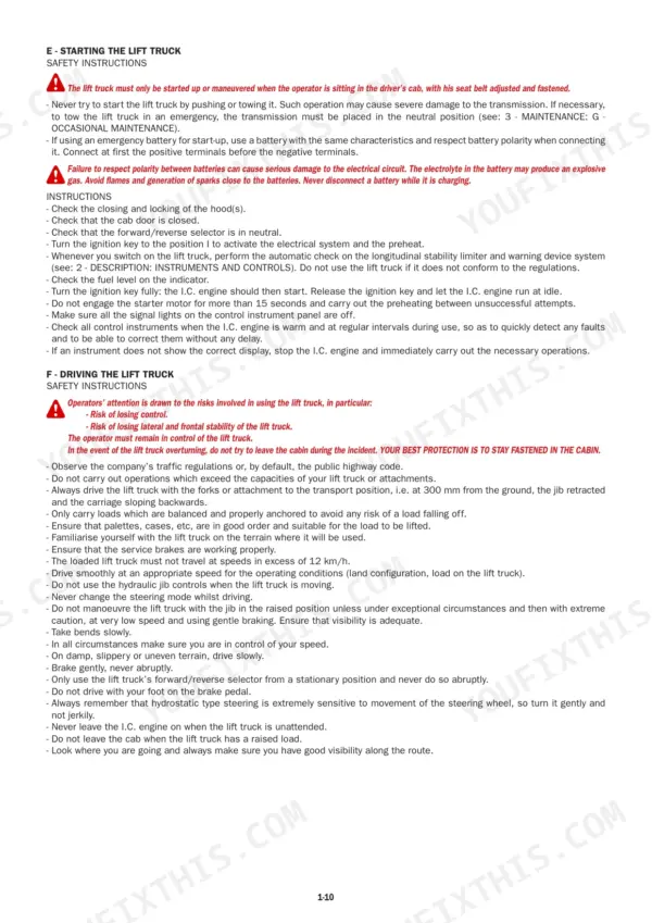Manitou MLT625-75 H safety instructions for starting the lift truck and driving operations procedures.