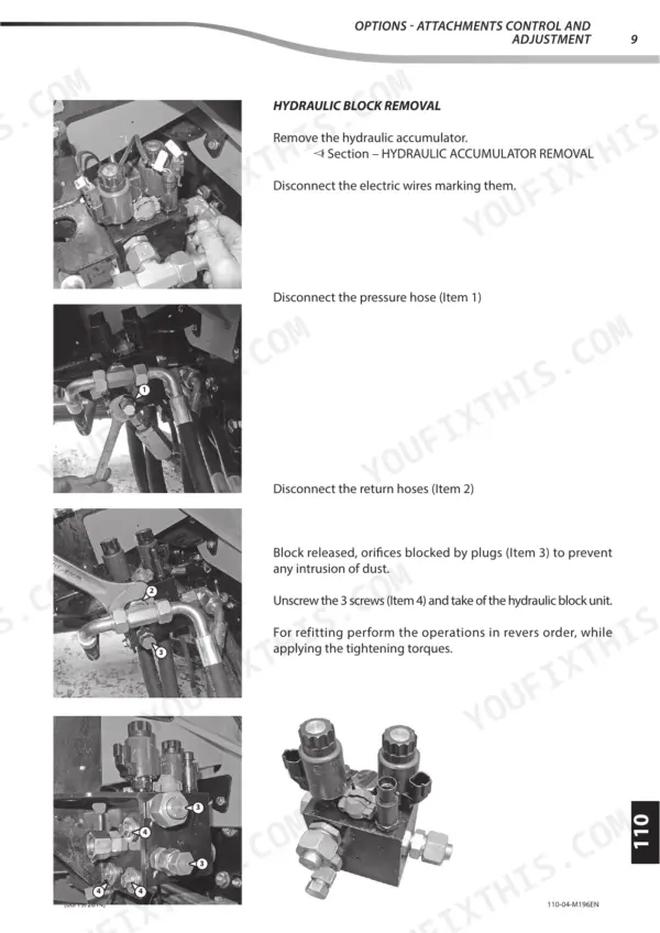 Manitou MT 1440 / MT 1840 hydraulic block removal procedure.