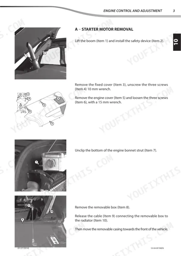 Manitou MT 1440 / MT 1840 starter motor removal steps.