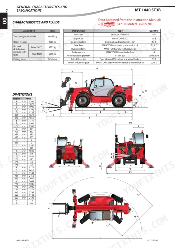 Manitou MT 1440 / MT 1840 technical specs and dimensions.