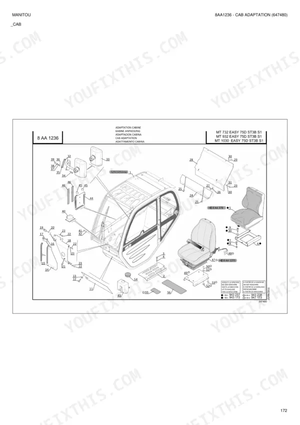 Manitou MT 732, 932, 1030 Easy cab adaptation parts diagram