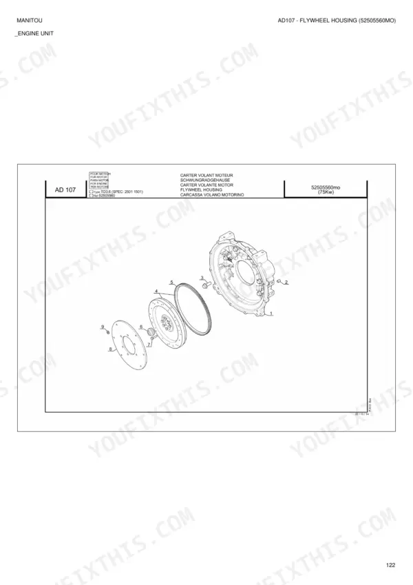 Manitou MT 732, 932, 1030 Easy exploded view of flywheel housing.