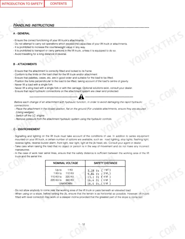 Manitou TMT315 (standard and /FL) handling instructions, attachment safety procedures, and aerial line safety distance table.