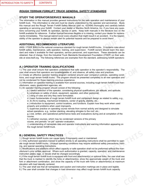 manitou-tmt315-tmt315-fl-rough-terrain-forklift-truck-operator-manual-547633s-page-6.webp Manitou TMT315 (standard and /FL) rough terrain forklift general safety standards, operator training qualifications, and safety practices.