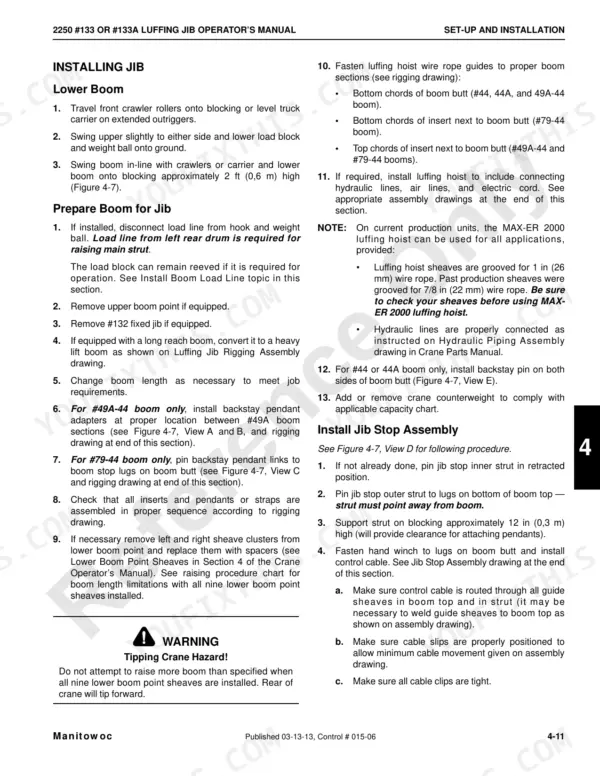 Manitowoc 2250, #133, 133A operator manual page detailing luffing jib installation, boom preparation, and jib stop assembly procedures.