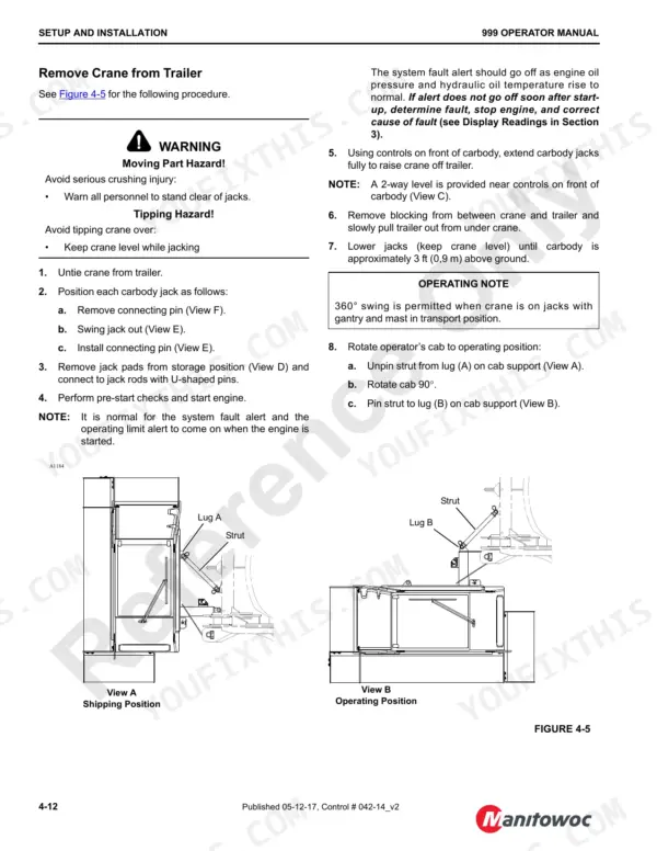 Manitowoc 999 procedure for removing crane from trailer, including cab rotation and carbody jack operation steps.