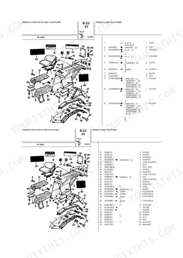 Landini 6860 exploded view parts diagram for fenders, footsteps, platform, seat, and hardware components.