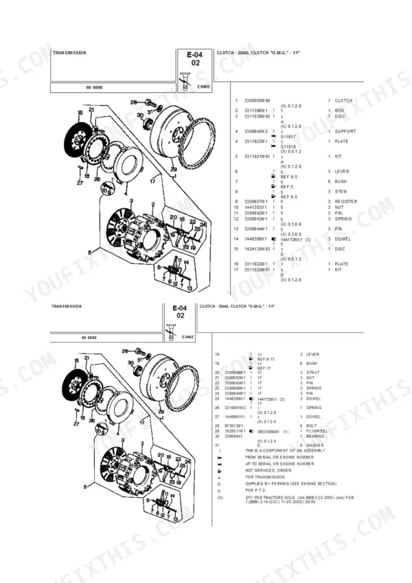 Landini 6860 exploded view of 11-inch dual clutch O.M.G. system with numbered parts list and component references.