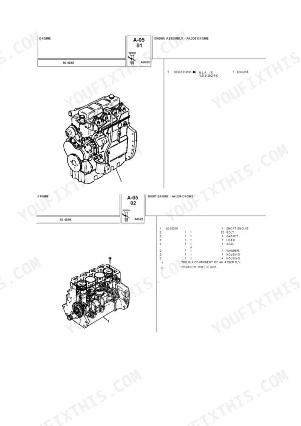 massey-ferguson-60-6860-tractor-parts-catalog-engine-parts-11.webp Landini 6860 exploded view of A4.236 engine assembly and short engine components with parts list.