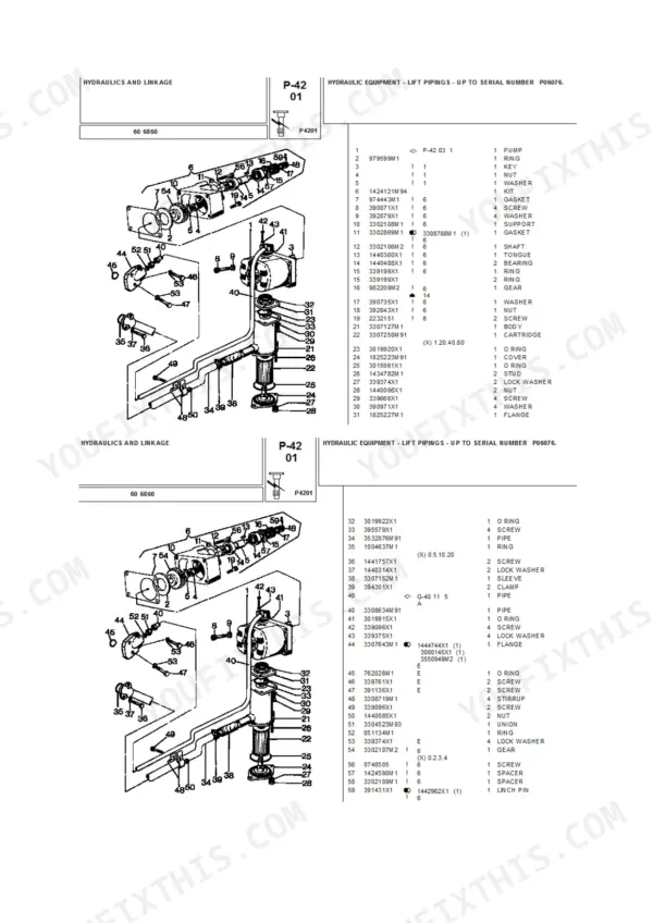 Landini 6860 exploded view of hydraulic lift piping and pump components with corresponding parts list table.