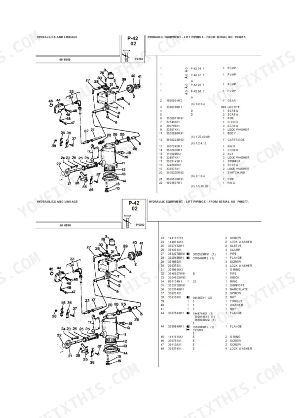 Landini 6860 exploded view of hydraulic lift piping components with parts list and reference numbers.