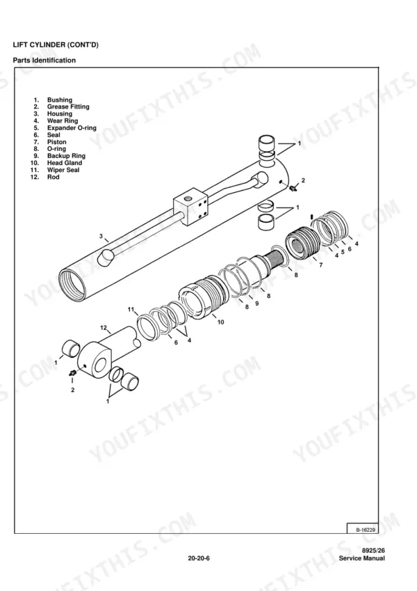 massey-ferguson-8925-8926-telescopic-handler-service-manual-8925-26-exploded-view-66.webp Massey Ferguson 8925, 8926 lift cylinder exploded view diagram showing parts identification for piston, seals, and rod.