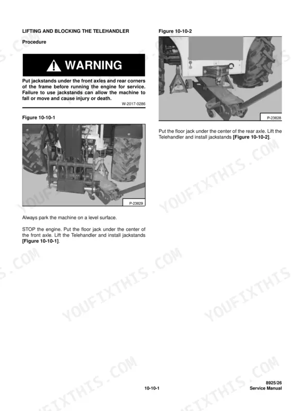 Massey Ferguson 8925, 8926 service manual procedure for lifting and blocking the telehandler using floor jacks and jackstands.