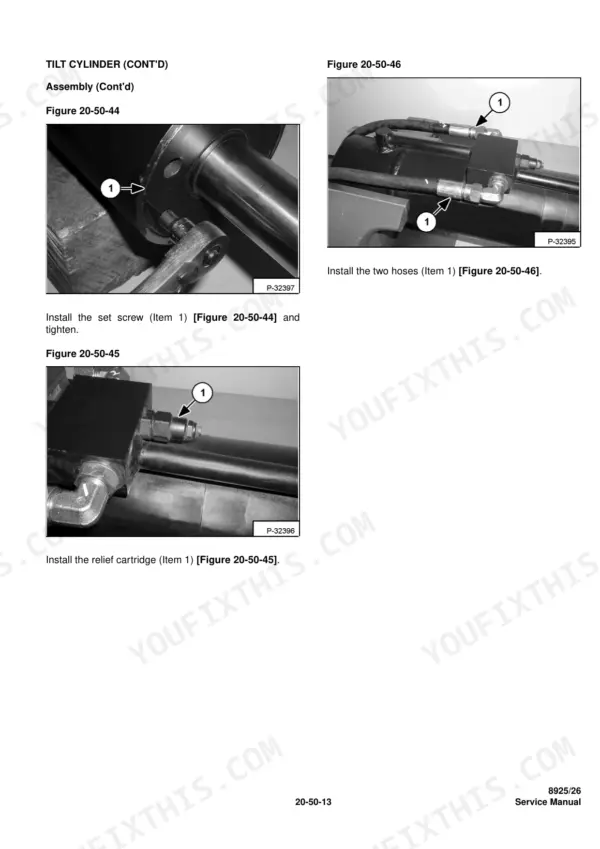 Massey Ferguson 8925, 8926 tilt cylinder assembly procedures showing set screw, relief cartridge, and hose installation steps.