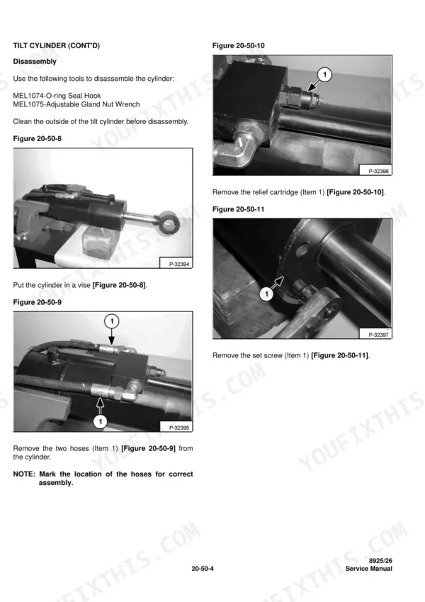 Massey Ferguson 8925, 8926 tilt cylinder disassembly procedure showing hose, relief cartridge, and set screw removal steps.