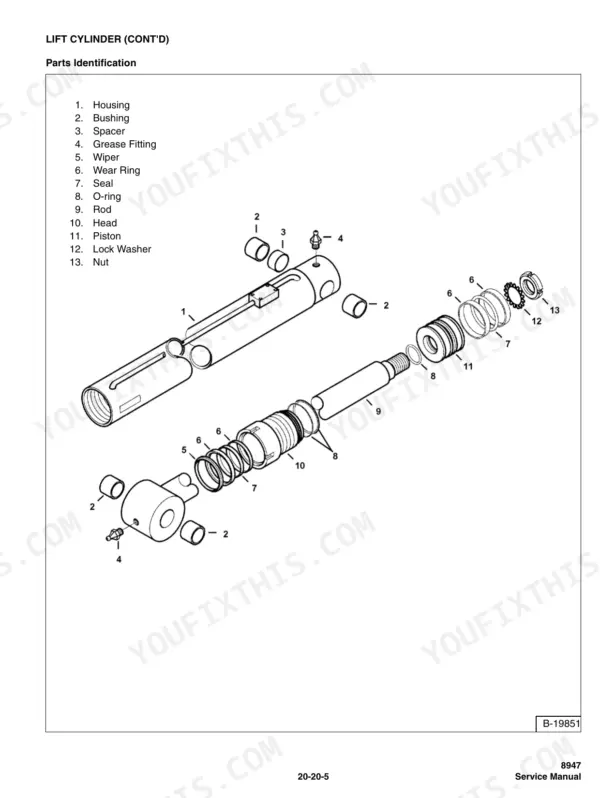 massey-ferguson-8947-telehandler-service-manual-8947-exploded-view-65.webp Massey Ferguson 8947 lift cylinder exploded view diagram with parts identification list for housing, piston, rod, and seals.