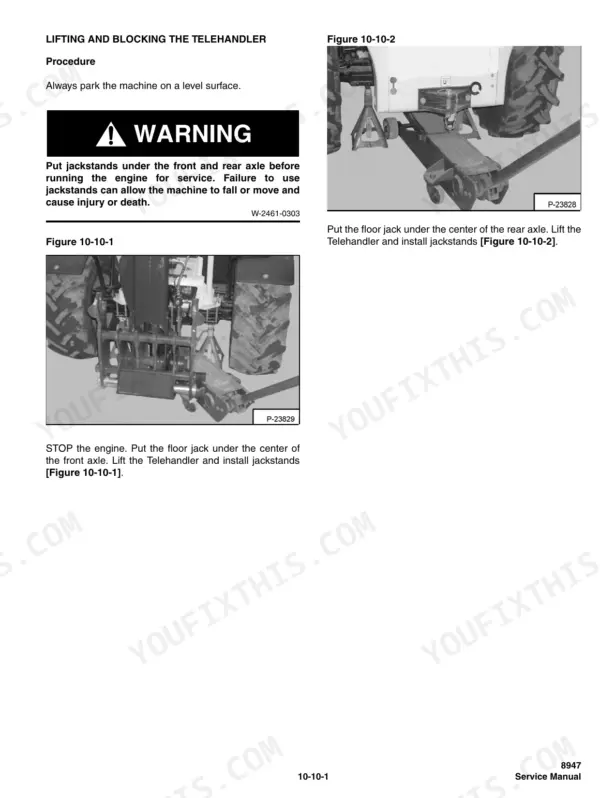Massey Ferguson 8947 service manual procedure for lifting and blocking the telehandler using floor jacks and jackstands.