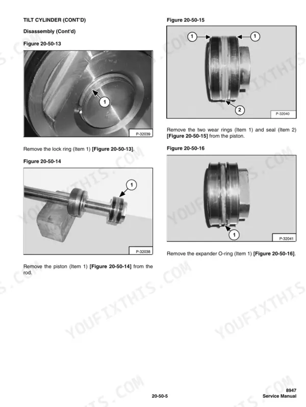 Massey Ferguson 8947 tilt cylinder disassembly steps showing lock ring, piston, wear rings, seal, and expander O-ring removal.