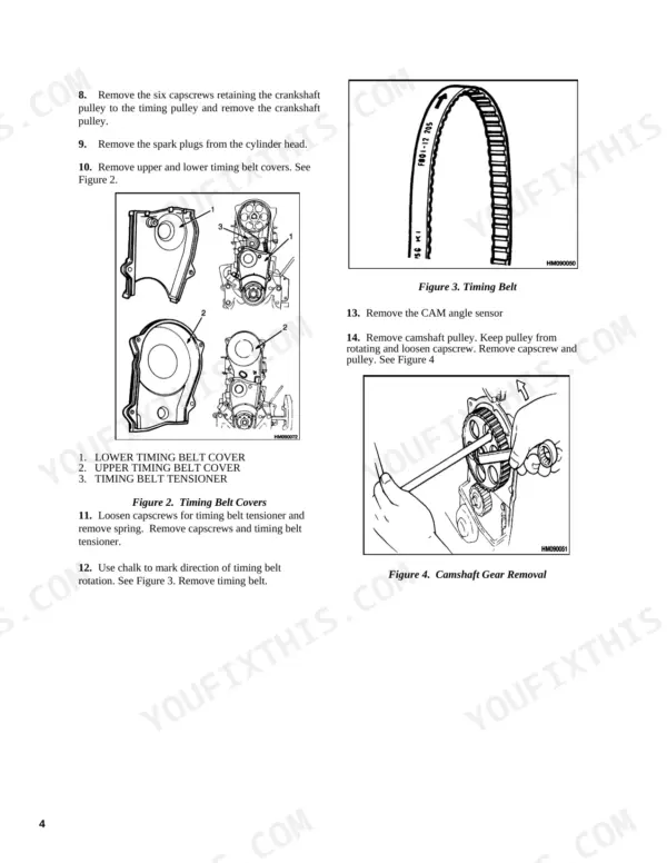 Utilev UT15P-UT32C Mazda 2.2L service manual: timing belt, cover, tensioner, and camshaft gear removal procedures with diagrams.