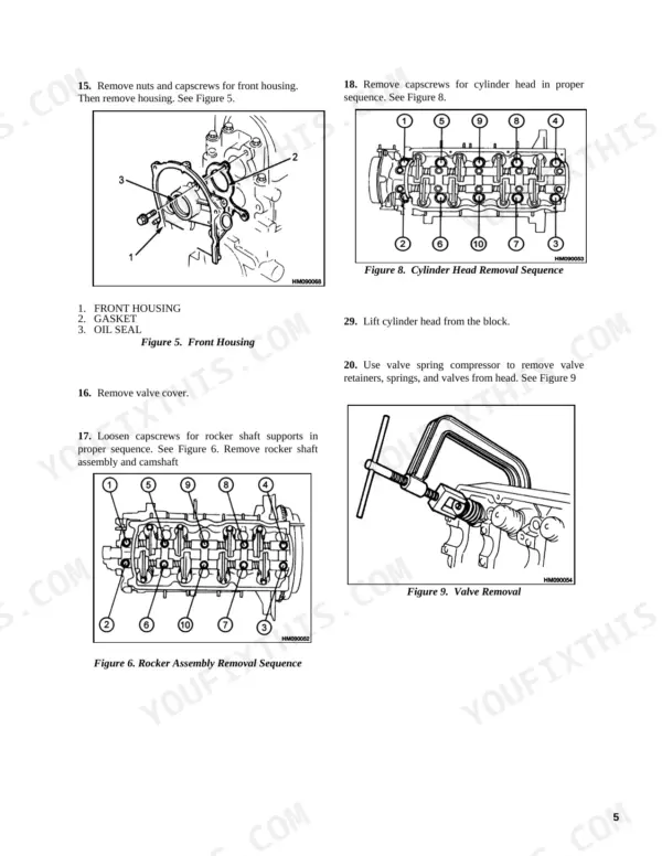 Utilev UT15P-UT32C Mazda 2.2L engine disassembly: front housing, cylinder head, and valve removal.