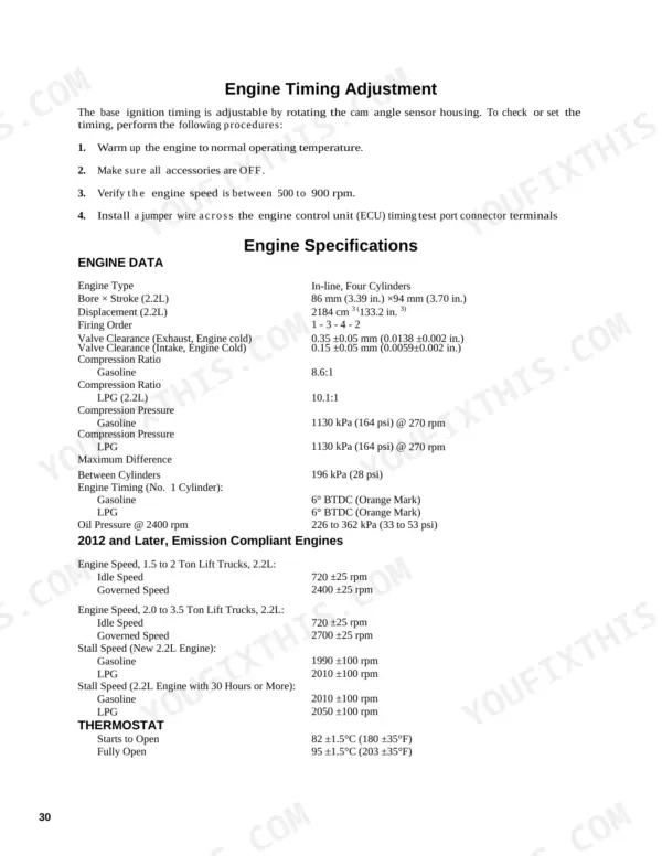 Utilev UT15P-UT32C Mazda 2.2L engine timing adjustment procedures and technical specifications table for 2.2L engines.
