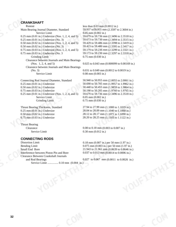 Utilev UT15P-UT32C Mazda 2.2L service manual: crankshaft and connecting rod specifications, journal diameters, and bearing clearances table.