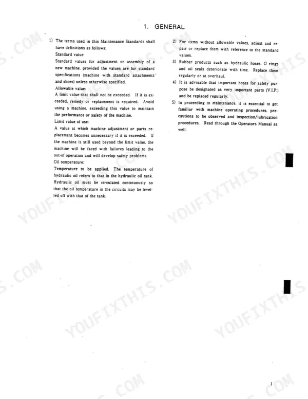 MDI Yutani MD320B maintenance manual page defining standard, allowable, and limit values for machine service standards.