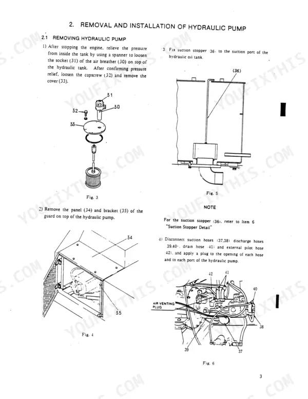 MDI Yutani MD320B hydraulic pump removal procedure with diagrams for air breather, suction stopper, and hose disconnection.