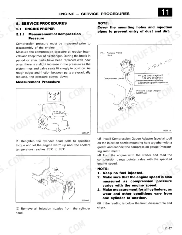 Mitsubishi 6D22 engine compression pressure measurement procedure, gauge diagrams, and specifications.