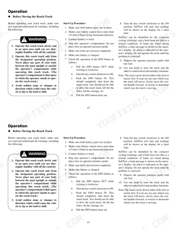 Mitsubishi ESR15N-24V...ESS20N reach truck operation manual: start-up procedure, EPO button test, and safety warnings.