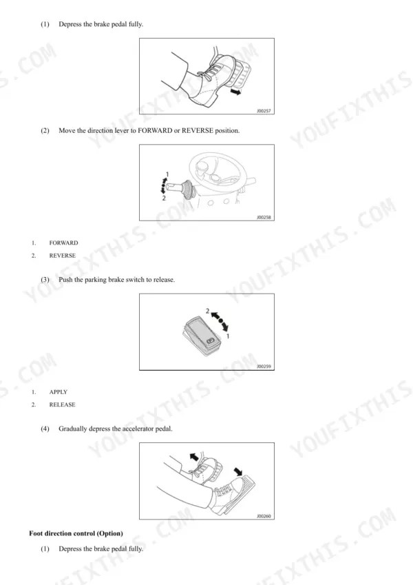 Mitsubishi FB16PNT, FB18PNT, FB20PNT operations: brake, direction lever, and parking brake switch usage procedures.