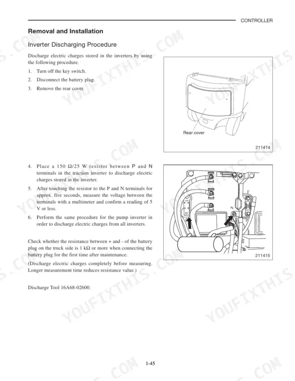 Mitsubishi FBC15N-FBC30LN: Inverter discharging procedure, rear cover removal, and traction inverter P and N terminal diagram.