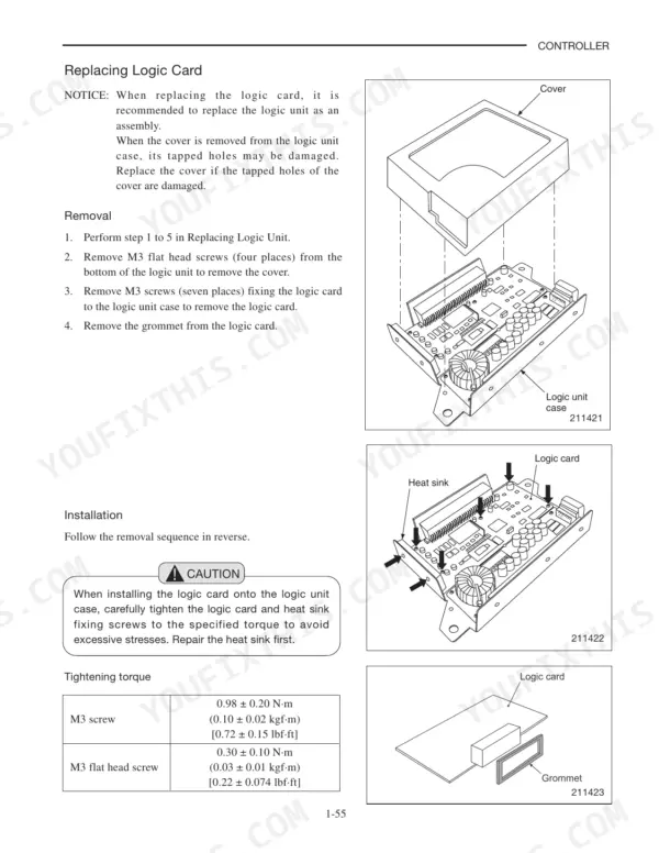 Mitsubishi FBC15N-FBC30LN: Logic card removal, installation, and torque specifications for M3 screws and logic unit cover.