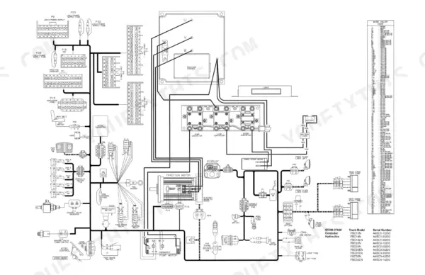 Mitsubishi FBC15N-FBC30LN electrical wiring diagram showing traction control, contactors, motors, and wire color code table.
