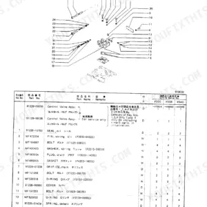 Mitsubishi FD35, FD38, FD40 exploded view of control valve and strainer with parts list for torque converter drive.