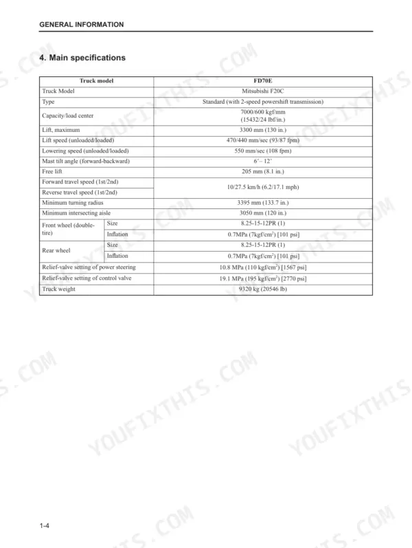 Mitsubishi FD70E forklift main specifications table including load capacity, lift speed, tire pressure, and relief valve settings.