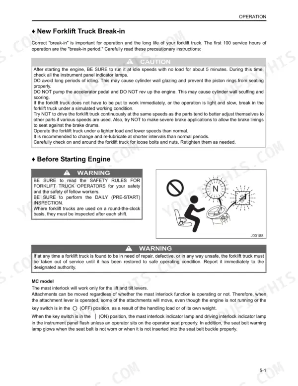 Mitsubishi FG15N-FG35N forklift manual: new truck break-in, pre-start engine warnings, and MC model mast interlock operation.