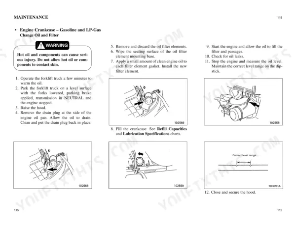 Mitsubishi FG35-50, FD35-50 maintenance manual: engine oil and filter change procedure with diagrams for oil pan and dipstick.
