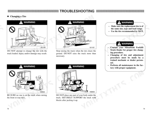 Mitsubishi FG35-FD50 troubleshooting guide for tire changing safety procedures, warnings, and forklift jacking instructions.