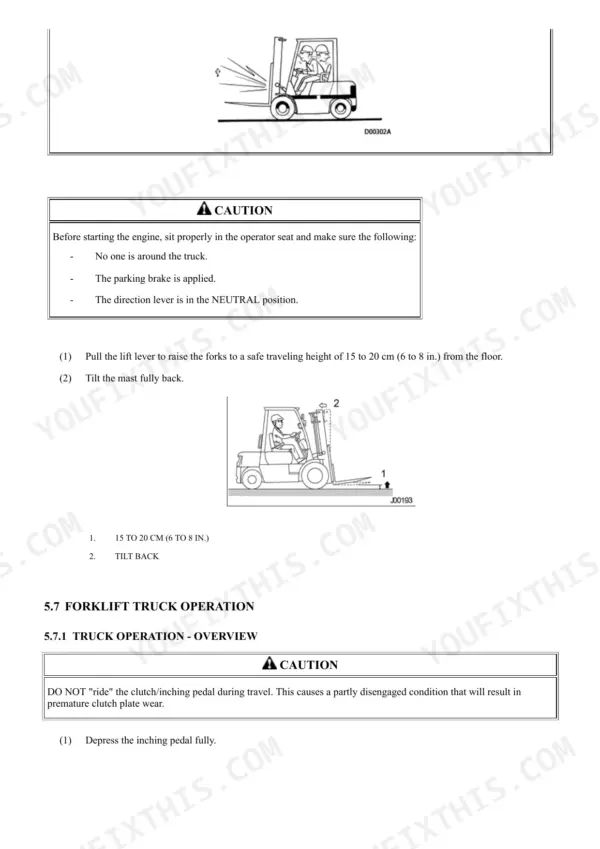 Mitsubishi FGC15N-FGC33N forklift operation procedures, including starting safety, fork height, mast tilt, and inching pedal use.