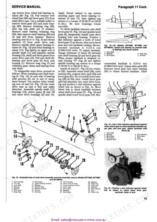 Mitsubishi MT160-MT300D manual: exploded view of outer drive assembly, axle shaft, and backlash adjustment procedures.