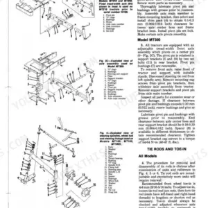 Mitsubishi MT160-MT300D service manual: exploded views of front axle assemblies, steering spindles, wheel hubs, and toe-in adjustment guide.
