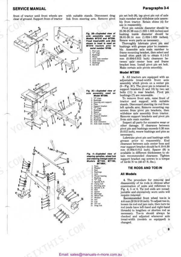 mitsubishi-mt160-variants-tractor-shop-manual-exploded-view-8.webp Mitsubishi MT160-MT300D service manual: exploded views of front axle assemblies, steering spindles, wheel hubs, and toe-in adjustment guide.