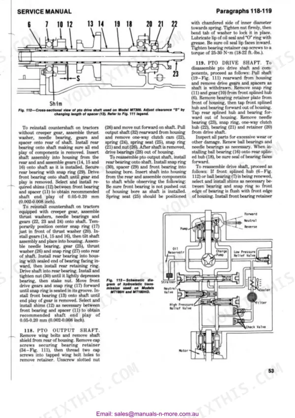 Mitsubishi MT160-MT300D manual: PTO drive shaft cross-section diagram and hydrostatic transmission schematic for MT180H/HD models.
