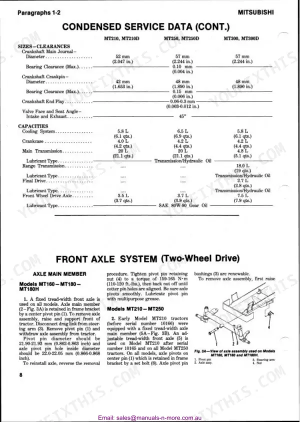 Mitsubishi MT160-MT300D service data table for clearances and capacities, plus front axle system removal procedures and diagram.