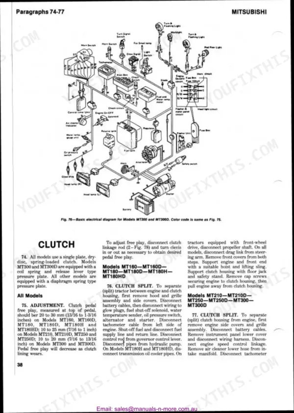 Mitsubishi MT160-MT300D electrical wiring diagram and clutch adjustment and split procedures.